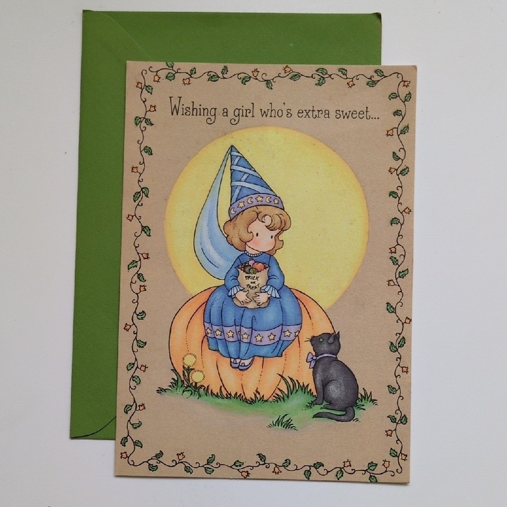 Vtg 80s Ambassador Halloween Greeting Card Black Cat Princess Trick or Treating‎